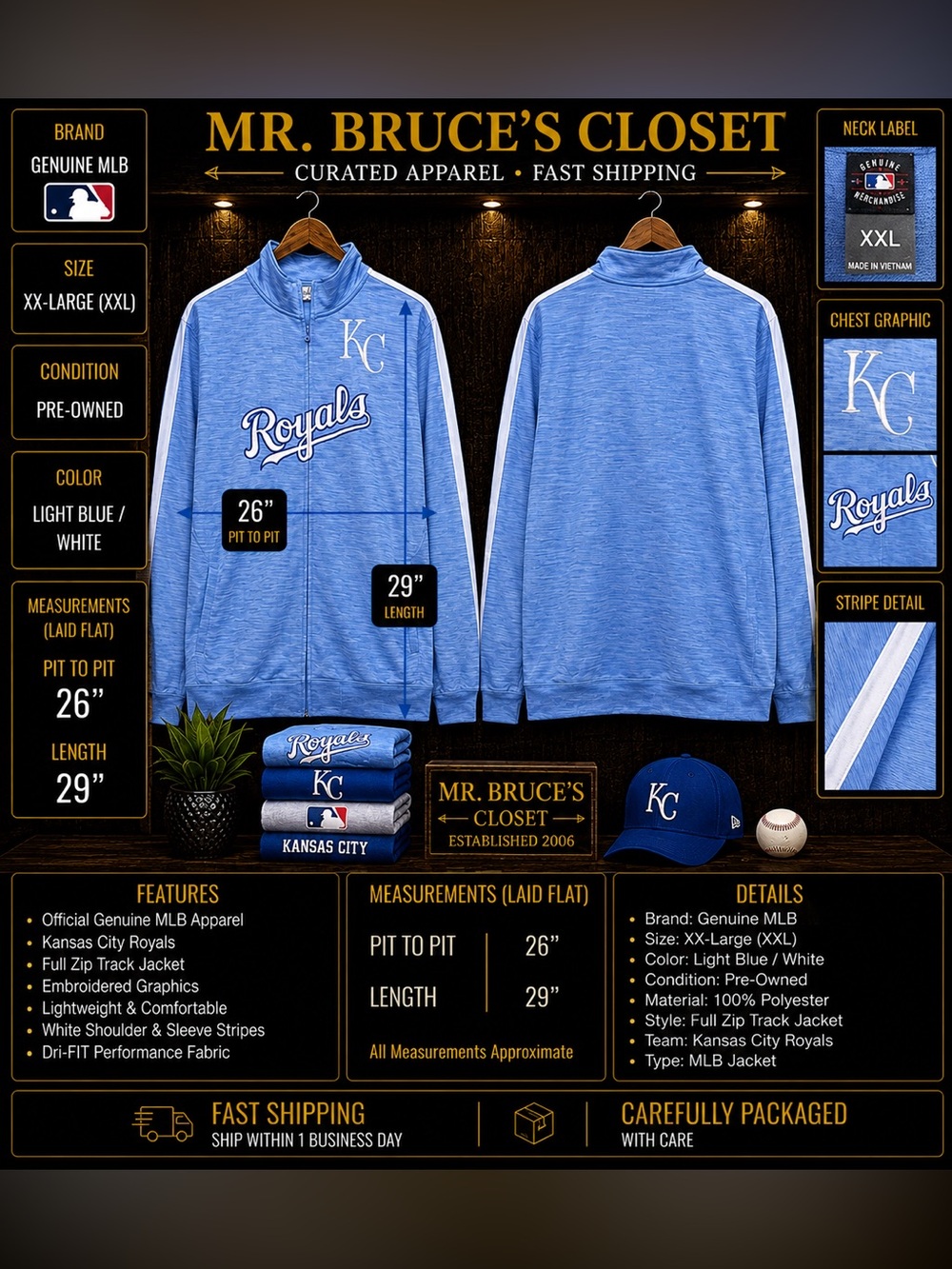 Genuine Merchandise Kansas City Royals Light Blue & White Full-Zip Jacket